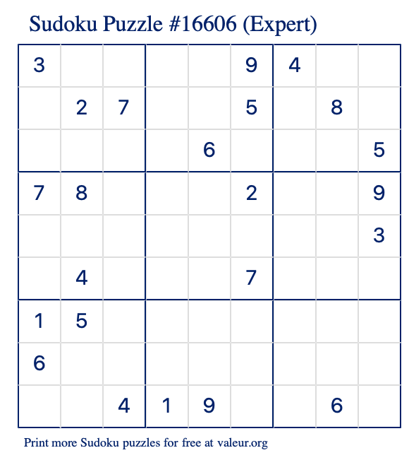 Free Printable Expert Sudoku Puzzle number 16606