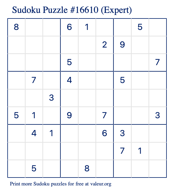 Free Printable Expert Sudoku Puzzle number 16610