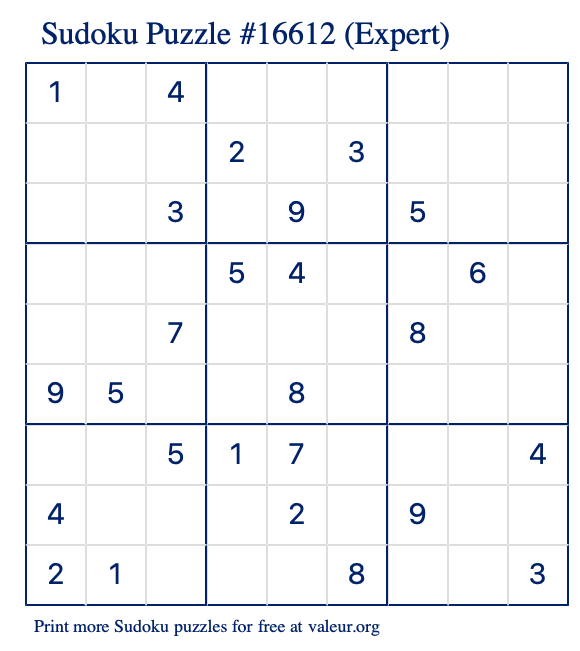 Free Printable Expert Sudoku Puzzle number 16612