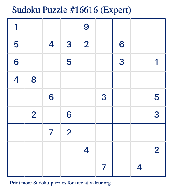 Free Printable Expert Sudoku Puzzle number 16616