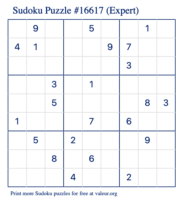 Free Printable Expert Sudoku Puzzle number 16617