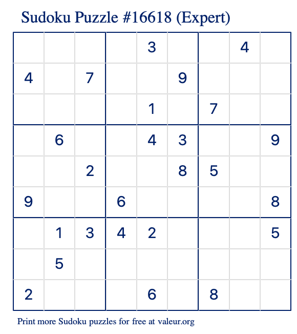 Free Printable Expert Sudoku Puzzle number 16618