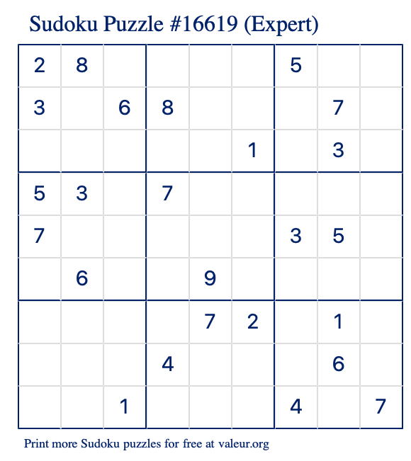 Free Printable Expert Sudoku Puzzle number 16619