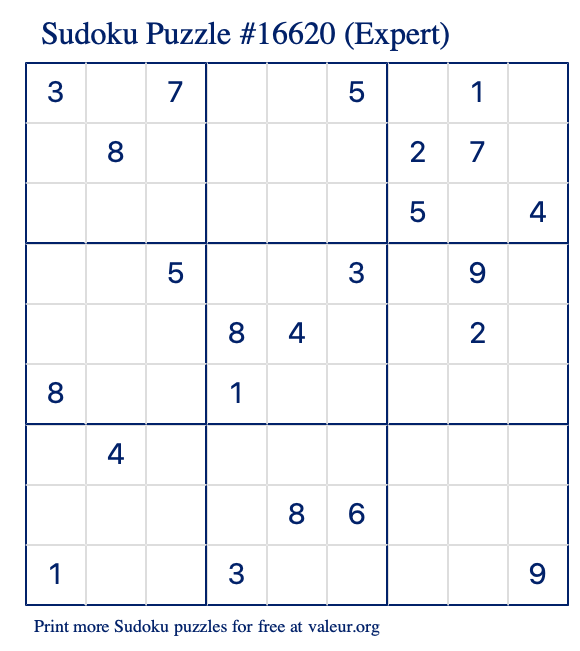 Free Printable Expert Sudoku Puzzle number 16620