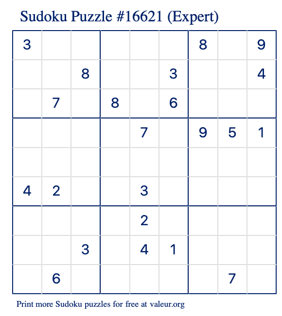 Free Printable Expert Sudoku Puzzle number 16621