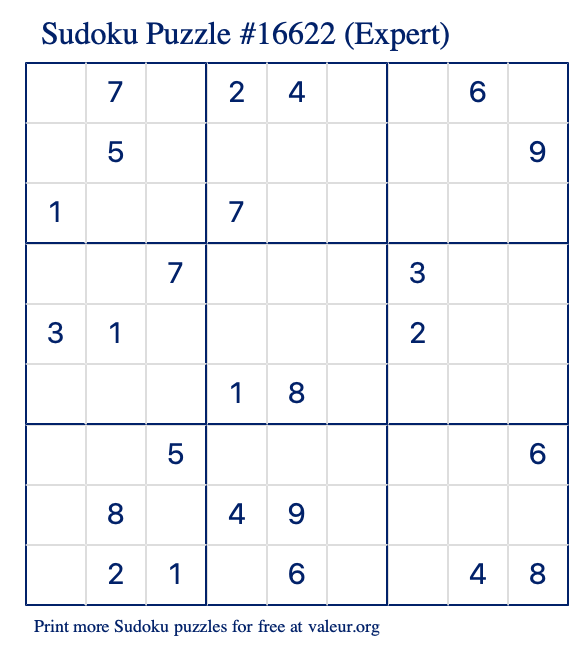 Free Printable Expert Sudoku Puzzle number 16622