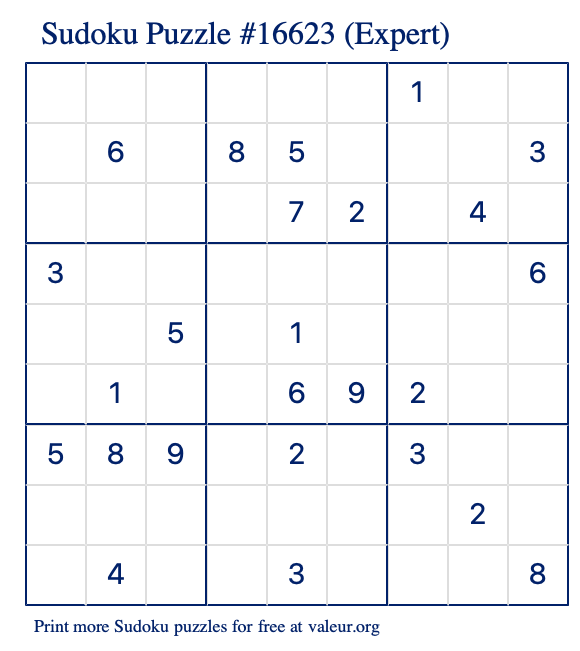 Free Printable Expert Sudoku Puzzle number 16623