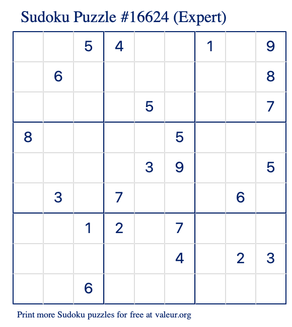 Free Printable Expert Sudoku Puzzle number 16624