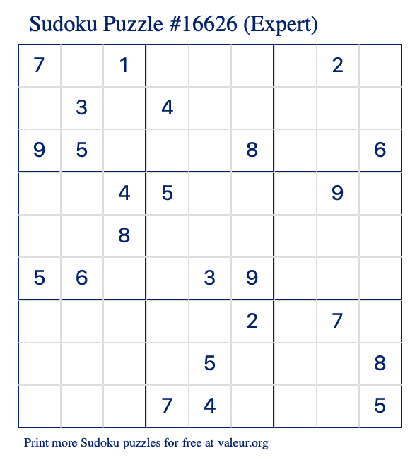 Free Printable Expert Sudoku Puzzle number 16626