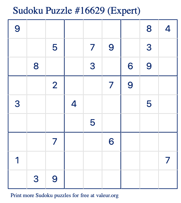 Free Printable Expert Sudoku Puzzle number 16629