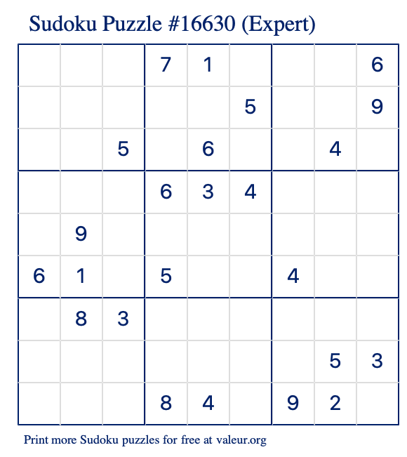 Free Printable Expert Sudoku Puzzle number 16630