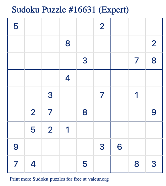 Free Printable Expert Sudoku Puzzle number 16631