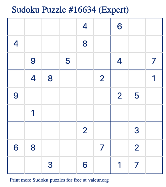 Free Printable Expert Sudoku Puzzle number 16634