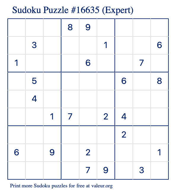 Free Printable Expert Sudoku Puzzle number 16635