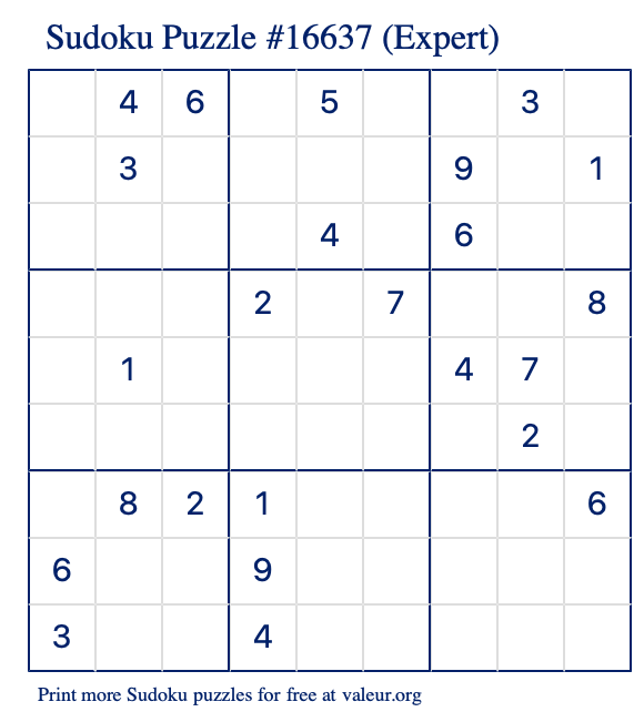 Free Printable Expert Sudoku Puzzle number 16637