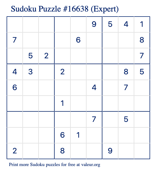 Free Printable Expert Sudoku Puzzle number 16638