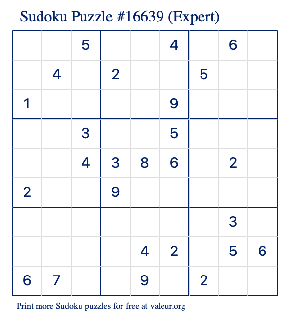 Free Printable Expert Sudoku Puzzle number 16639