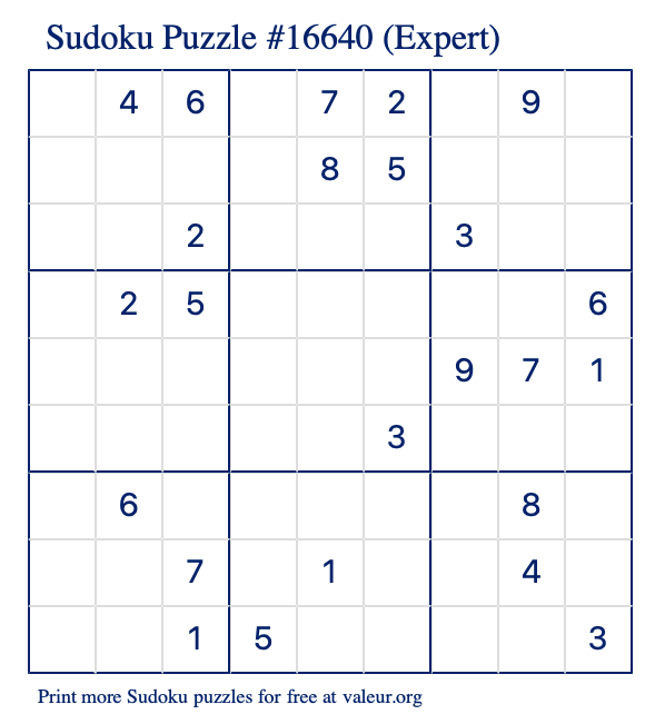 Free Printable Expert Sudoku Puzzle number 16640