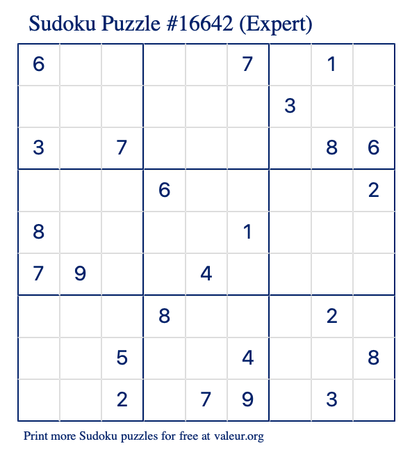 Free Printable Expert Sudoku Puzzle number 16642