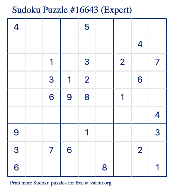 Free Printable Expert Sudoku Puzzle number 16643