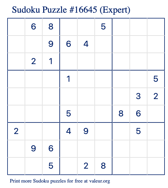 Free Printable Expert Sudoku Puzzle number 16645