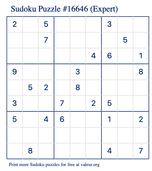 Free Printable Expert Sudoku Puzzle number 16646