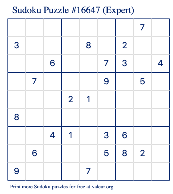 Free Printable Expert Sudoku Puzzle number 16647