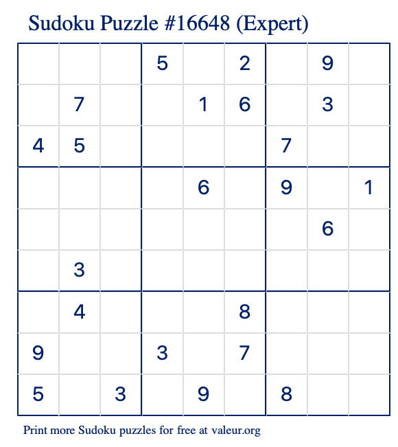 Free Printable Expert Sudoku Puzzle number 16648