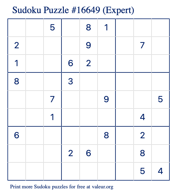 Free Printable Expert Sudoku Puzzle number 16649