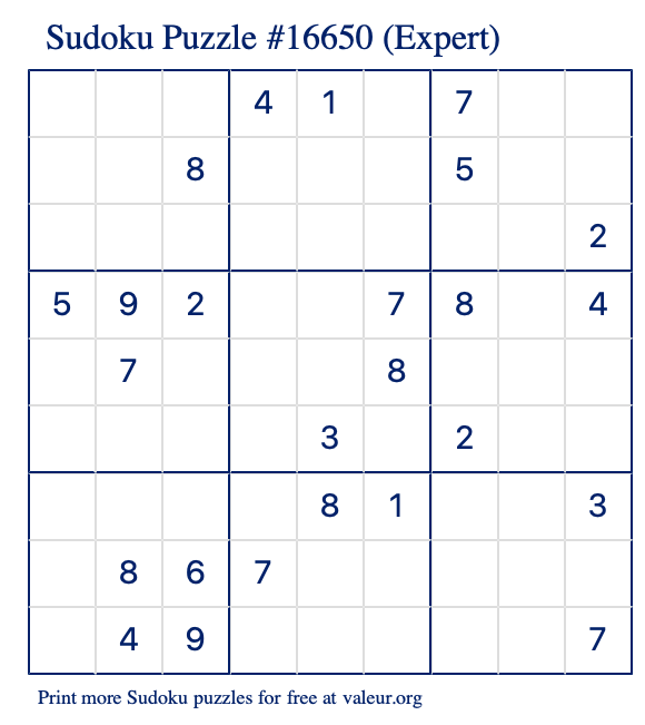 Free Printable Expert Sudoku Puzzle number 16650