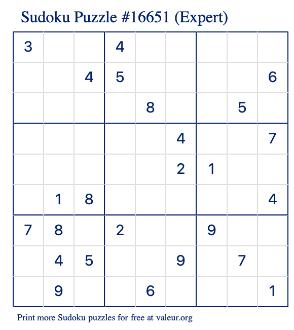 Free Printable Expert Sudoku Puzzle number 16651