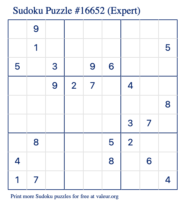 Free Printable Expert Sudoku Puzzle number 16652