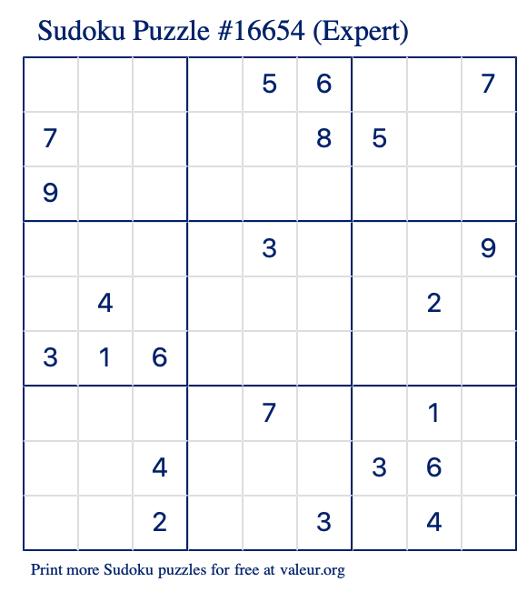 Free Printable Expert Sudoku Puzzle number 16654