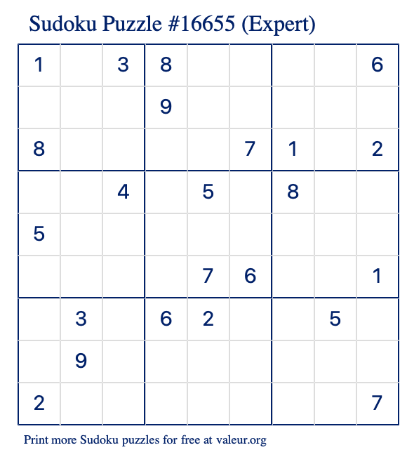 Free Printable Expert Sudoku Puzzle number 16655