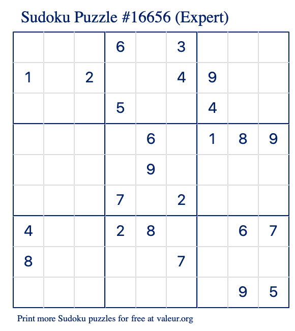 Free Printable Expert Sudoku Puzzle number 16656