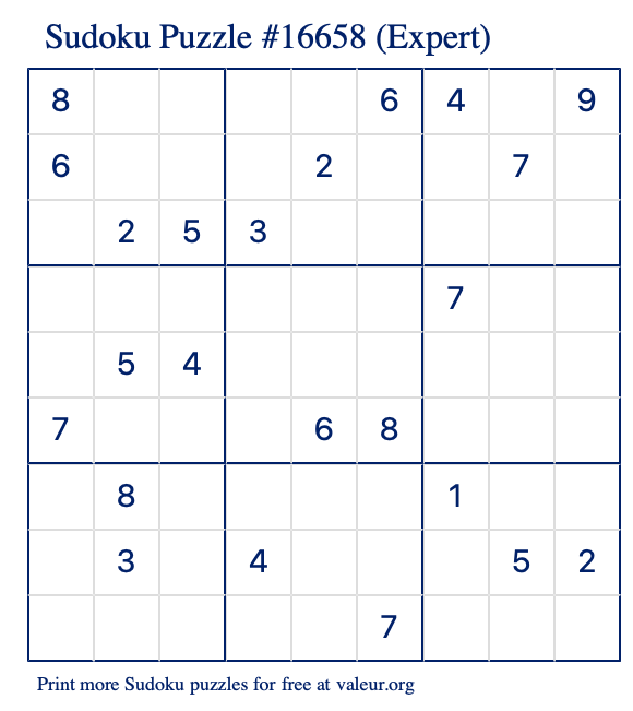 Free Printable Expert Sudoku Puzzle number 16658