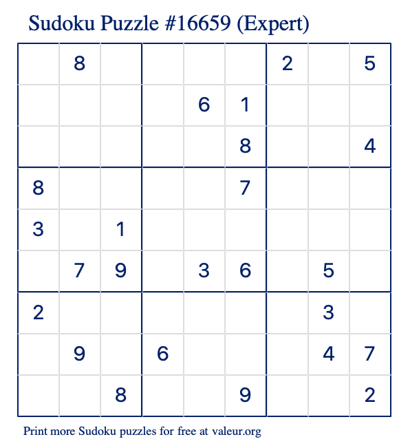 Free Printable Expert Sudoku Puzzle number 16659