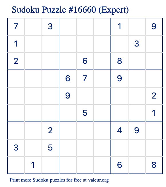 Free Printable Expert Sudoku Puzzle number 16660