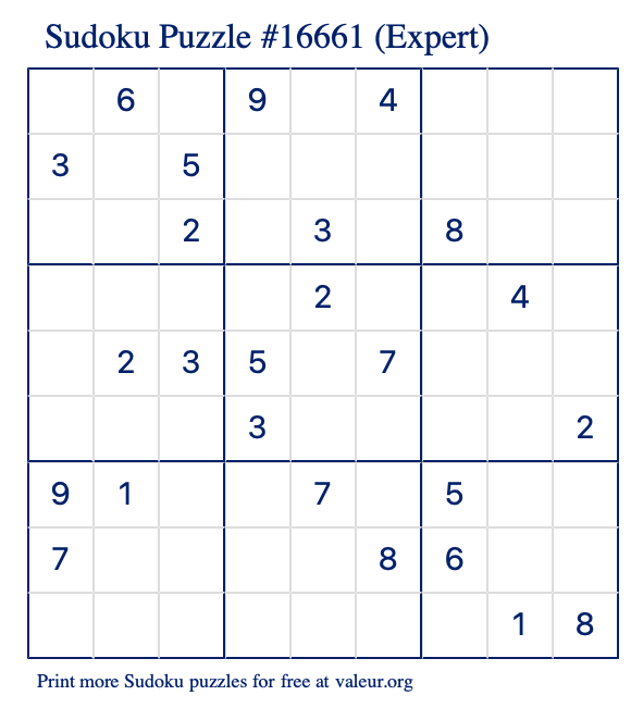 Free Printable Expert Sudoku Puzzle number 16661