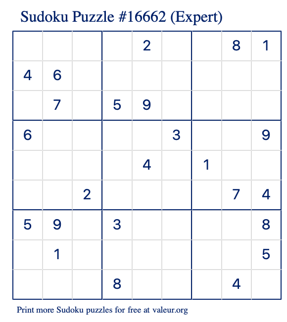 Free Printable Expert Sudoku Puzzle number 16662