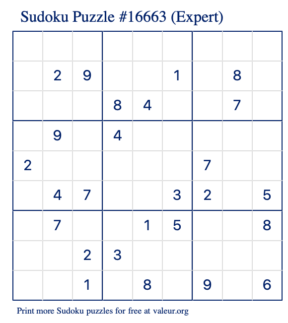 Free Printable Expert Sudoku Puzzle number 16663