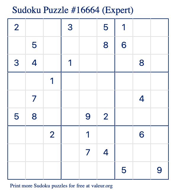 Free Printable Expert Sudoku Puzzle number 16664