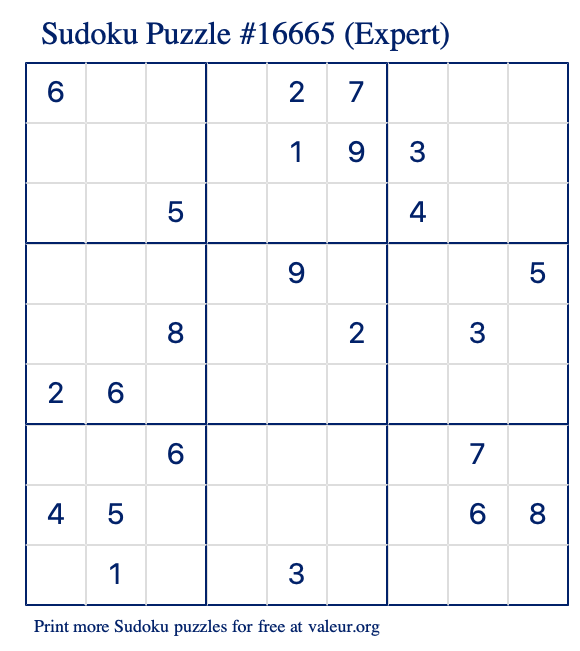 Free Printable Expert Sudoku Puzzle number 16665