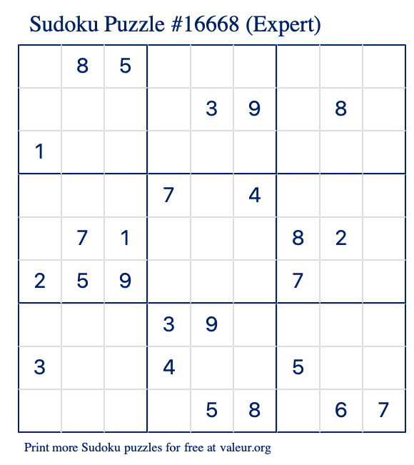 Free Printable Expert Sudoku Puzzle number 16668