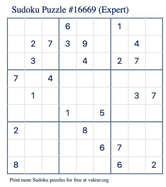 Free Printable Expert Sudoku Puzzle number 16669