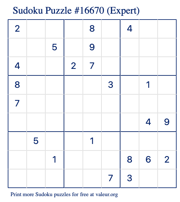 Free Printable Expert Sudoku Puzzle number 16670