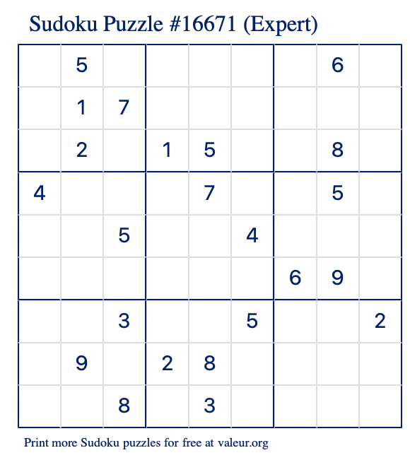 Free Printable Expert Sudoku Puzzle number 16671