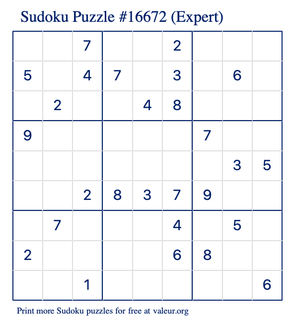 Free Printable Expert Sudoku Puzzle number 16672