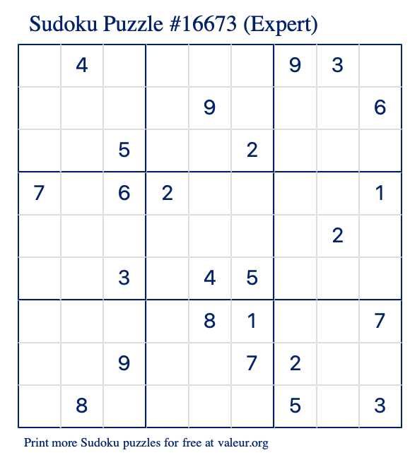 Free Printable Expert Sudoku Puzzle number 16673