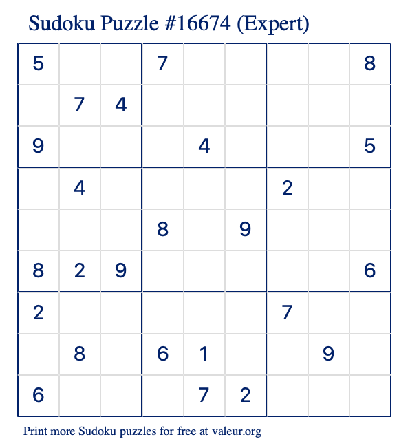 Free Printable Expert Sudoku Puzzle number 16674